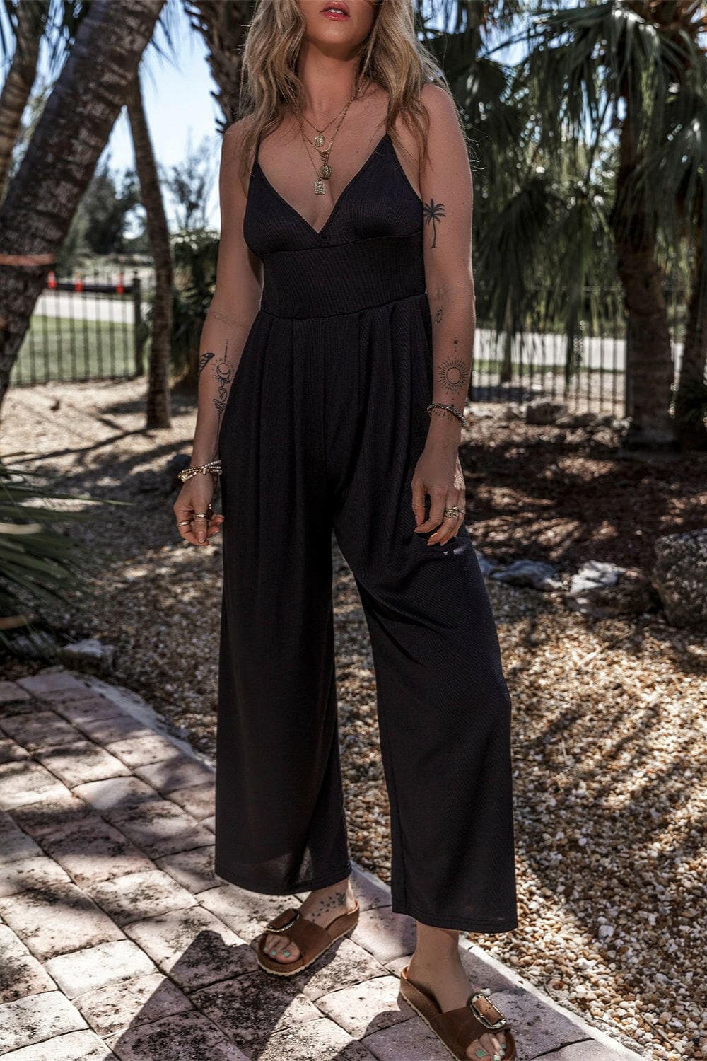 Surplice Spaghetti Strap Wide Leg Jumpsuit.