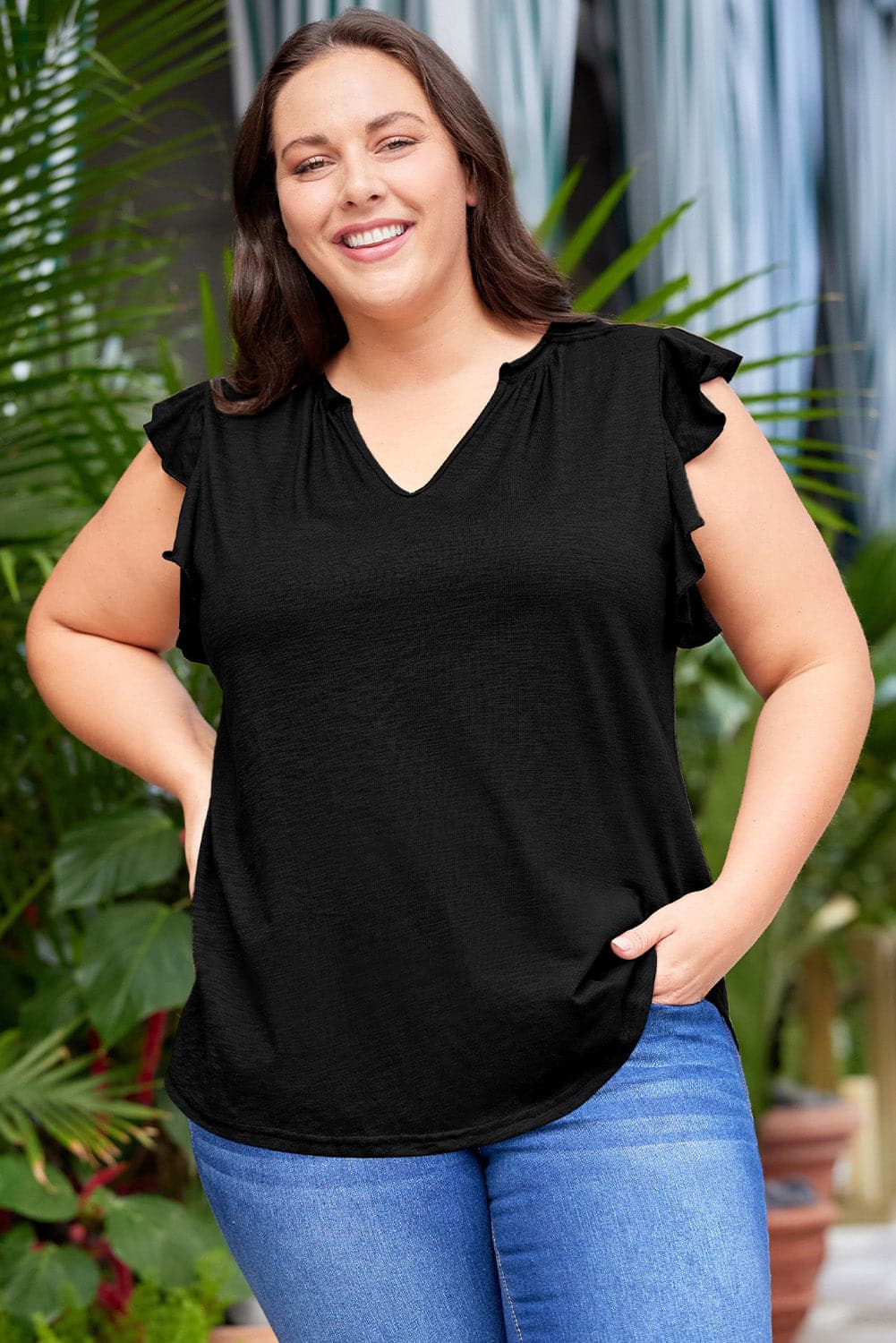 Plus Size Flutter Sleeve Notched Blouse.