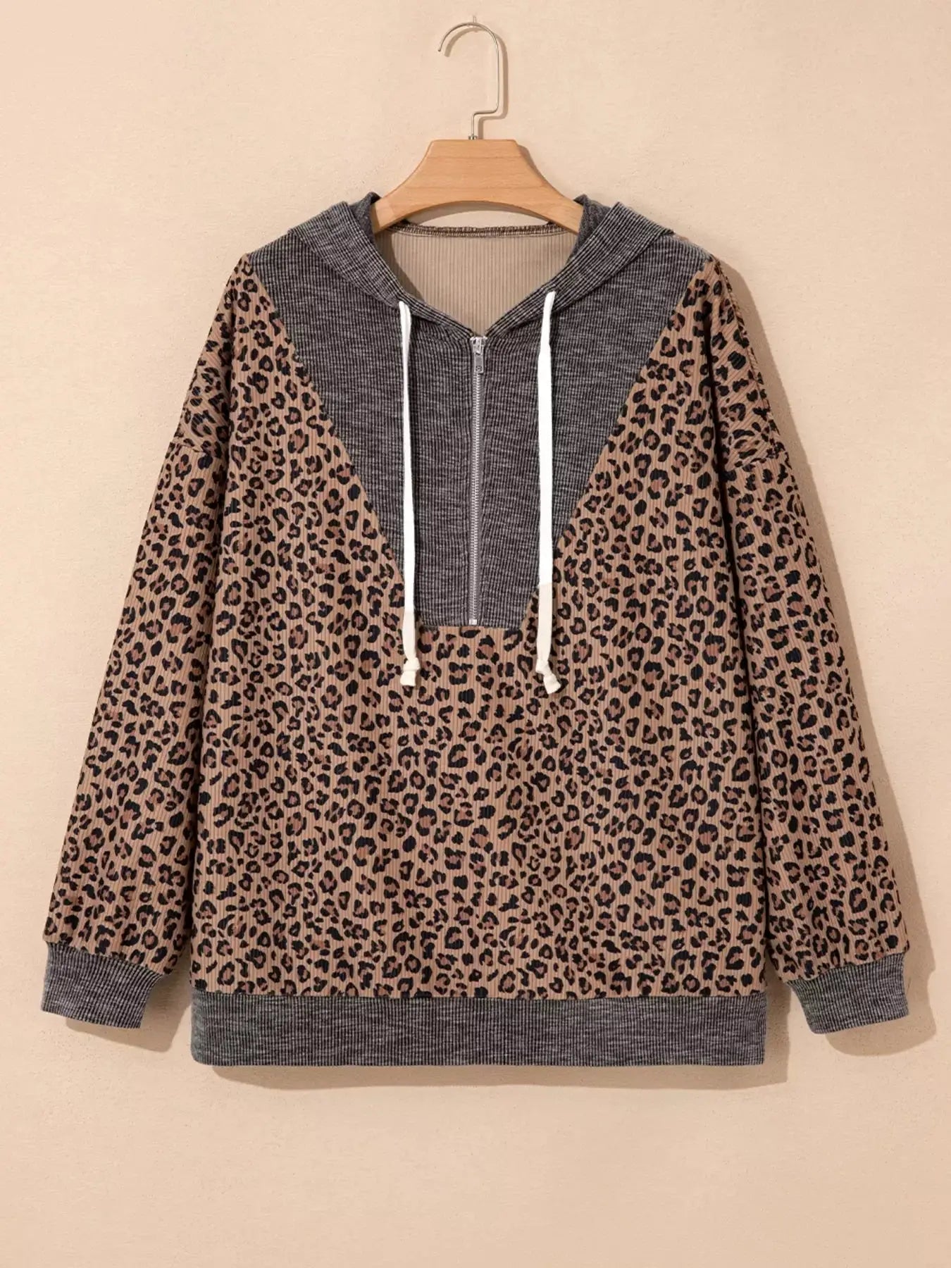 Ribbed Leopard Print Contrast Collar Zip Hoodie Simply Love