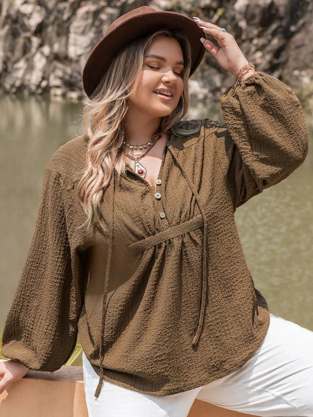 Plus Size Tie Neck Long Sleeve Blouse Coco’s Tee Boutique