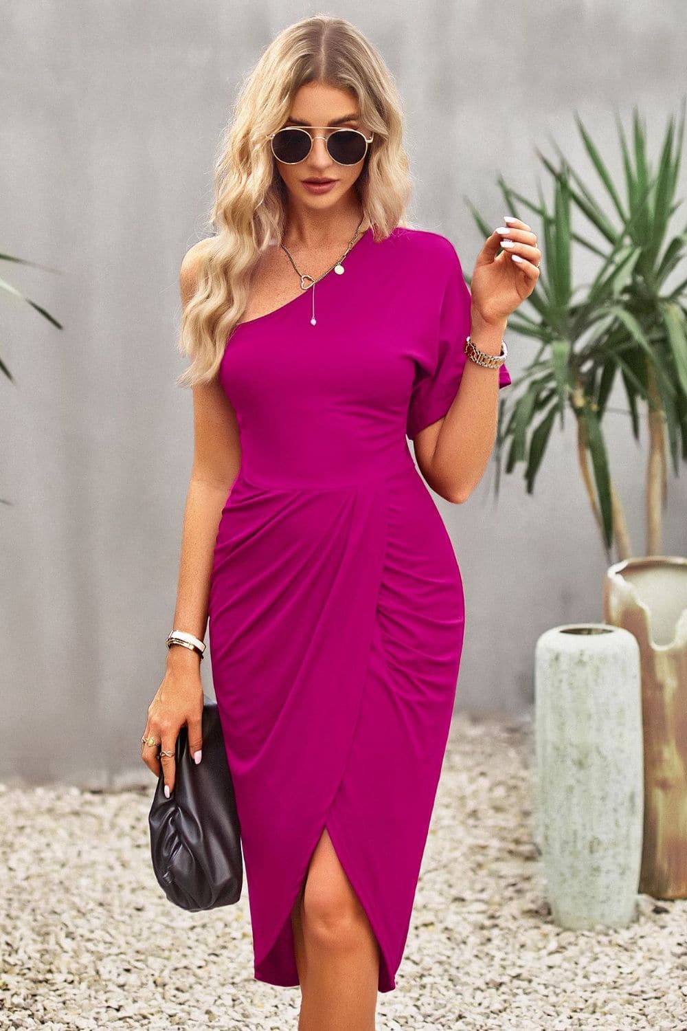 Ruched One-Shoulder Tulip Hem Dress.