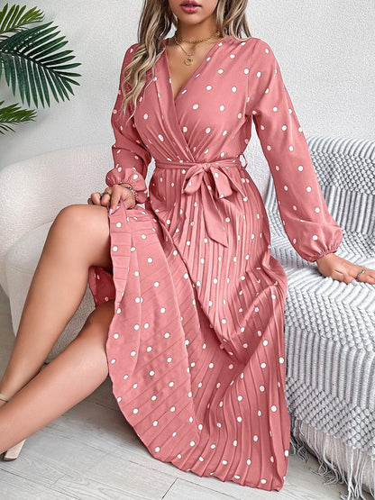 Tied Polka Dot Long Sleeve Midi Dress.