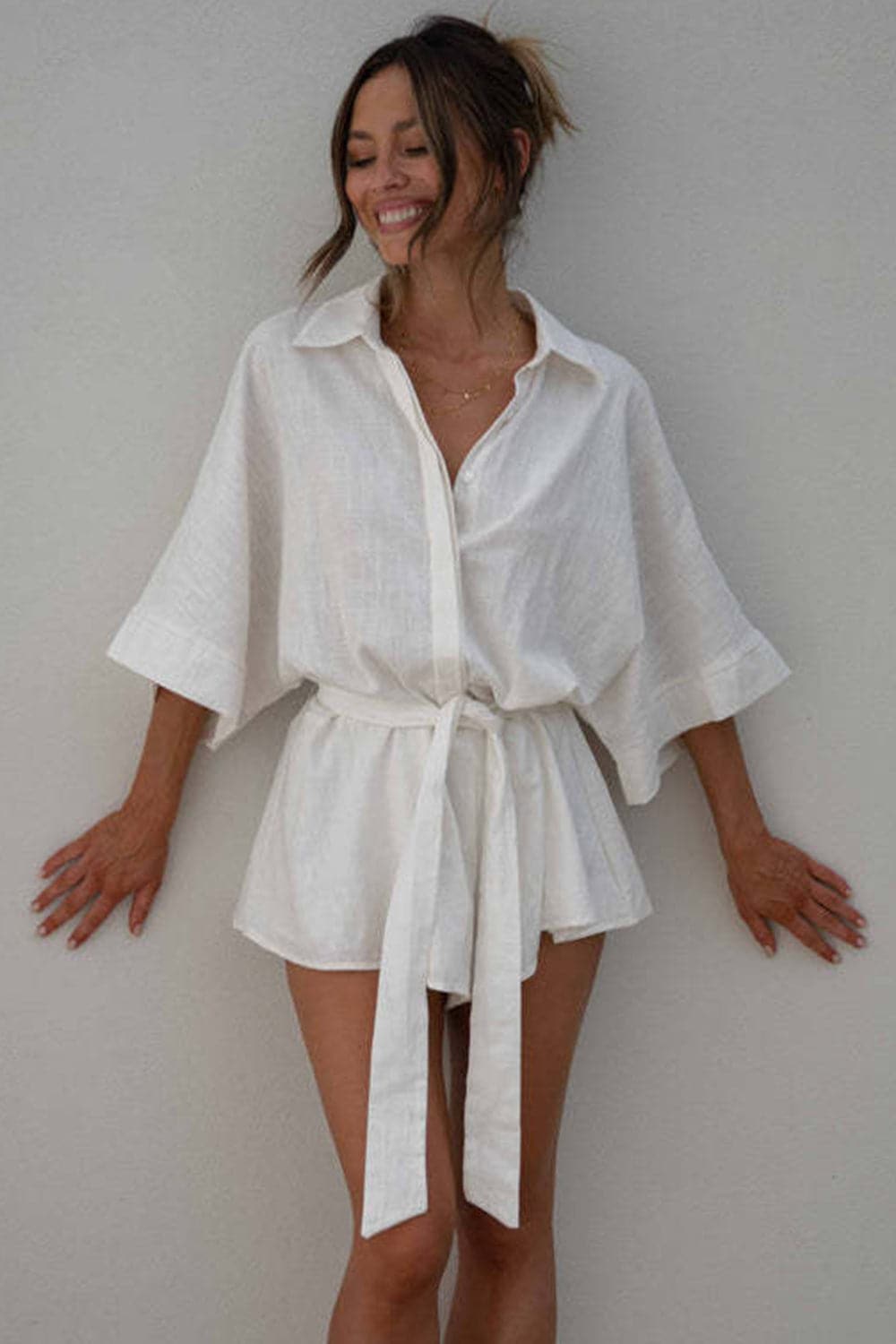 Tied Button Up Collared Neck Romper.