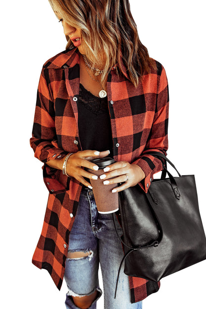 Chic plaid shirt coat with elegant turn-down collar in fiery red