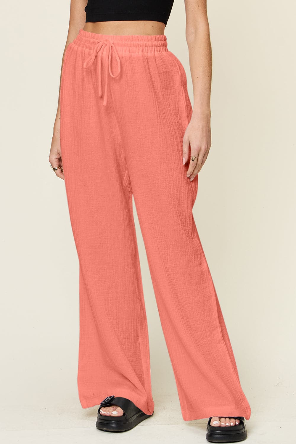 Double Take Full Size Texture Drawstring Wide Leg Pants.