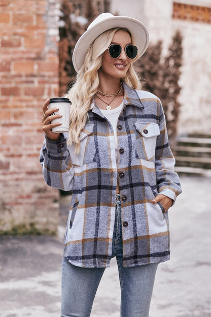 Plaid Long Sleeve Shirt Jacket with Pockets.