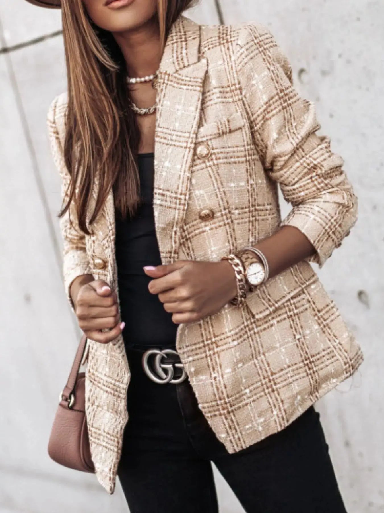 Full Size Plaid Tweed Double-Breasted Blazer Plus Size Simply Love