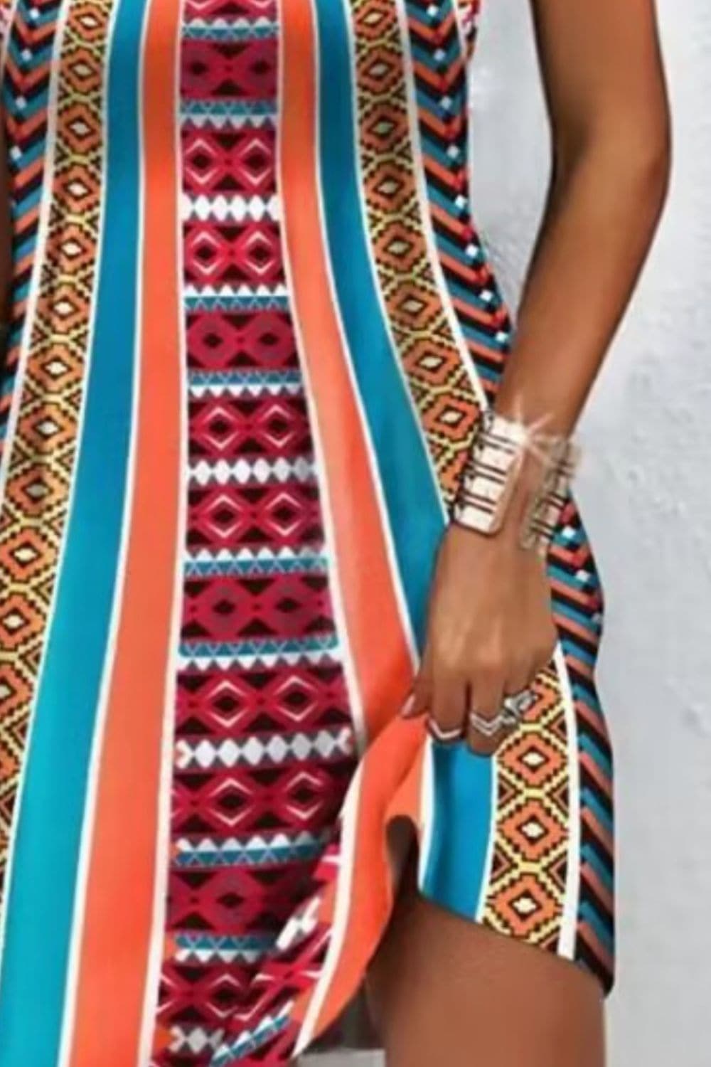 Printed Grecian Neck Mini Dress.