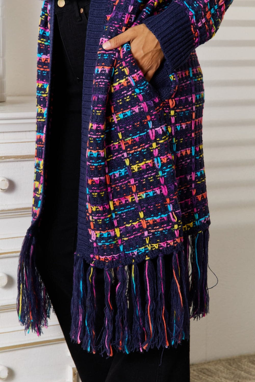 Fringe Hem Open Front Cardigan.