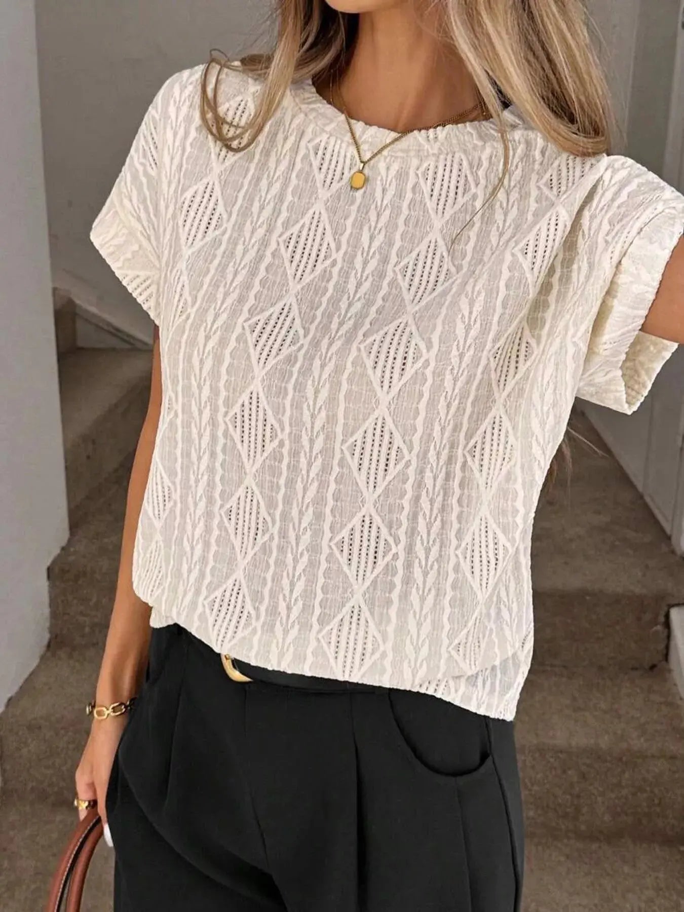 Diamond Pattern Round Neck Top Simply Love
