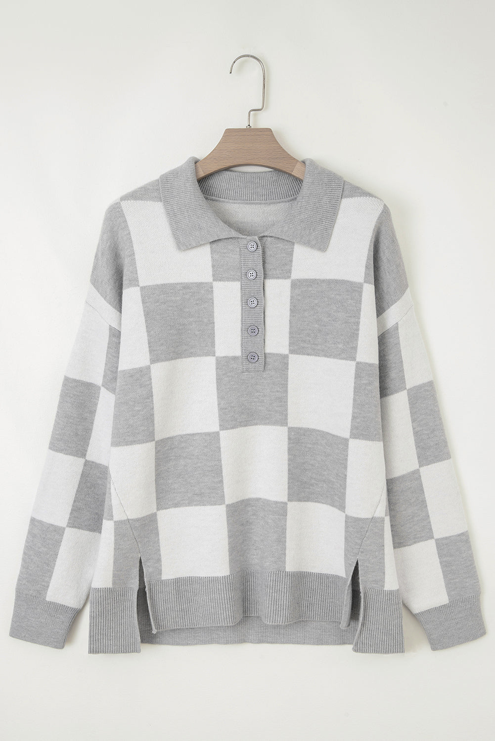 Gray Plus Size Checkered Pattern Polo Collar Split Sweater Dear-Lover Dropshipping