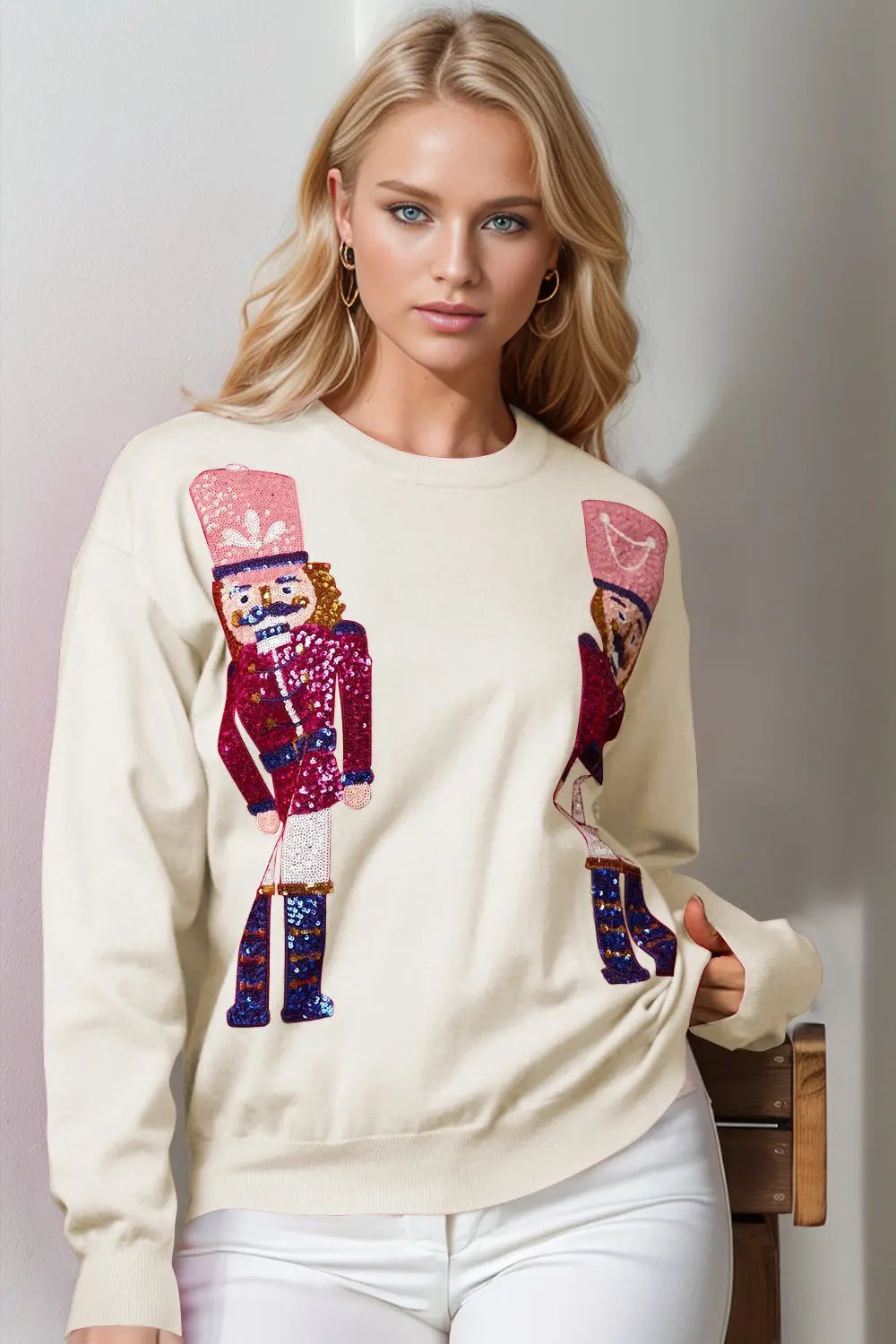 Double Take Full Size Nutcracker Sequin Long Sleeve Sweater - Love Salve