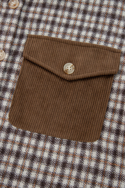 Casual Corduroy Shacket Patchwork Plaid With Flap Pockets