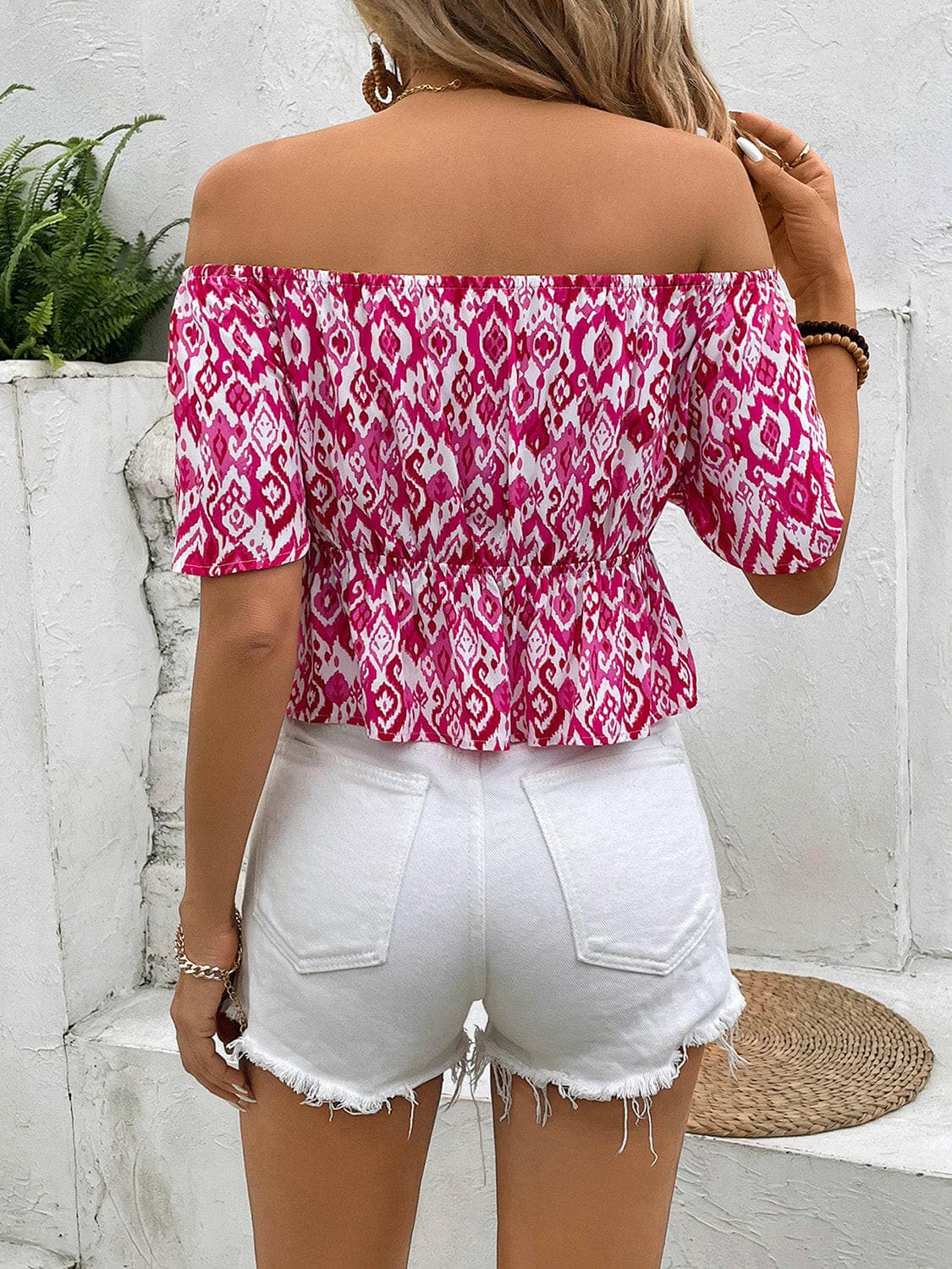 Peplum Printed Off-Shoulder Short Sleeve Blouse.