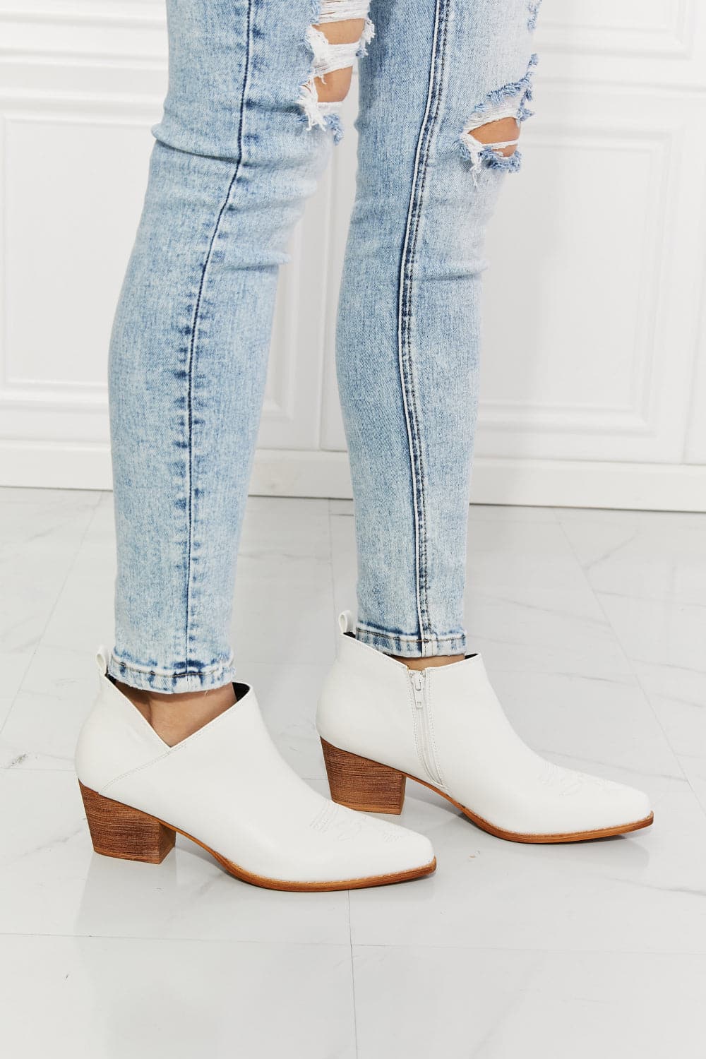 MMShoes Trust Yourself Embroidered Crossover Cowboy Bootie in White.