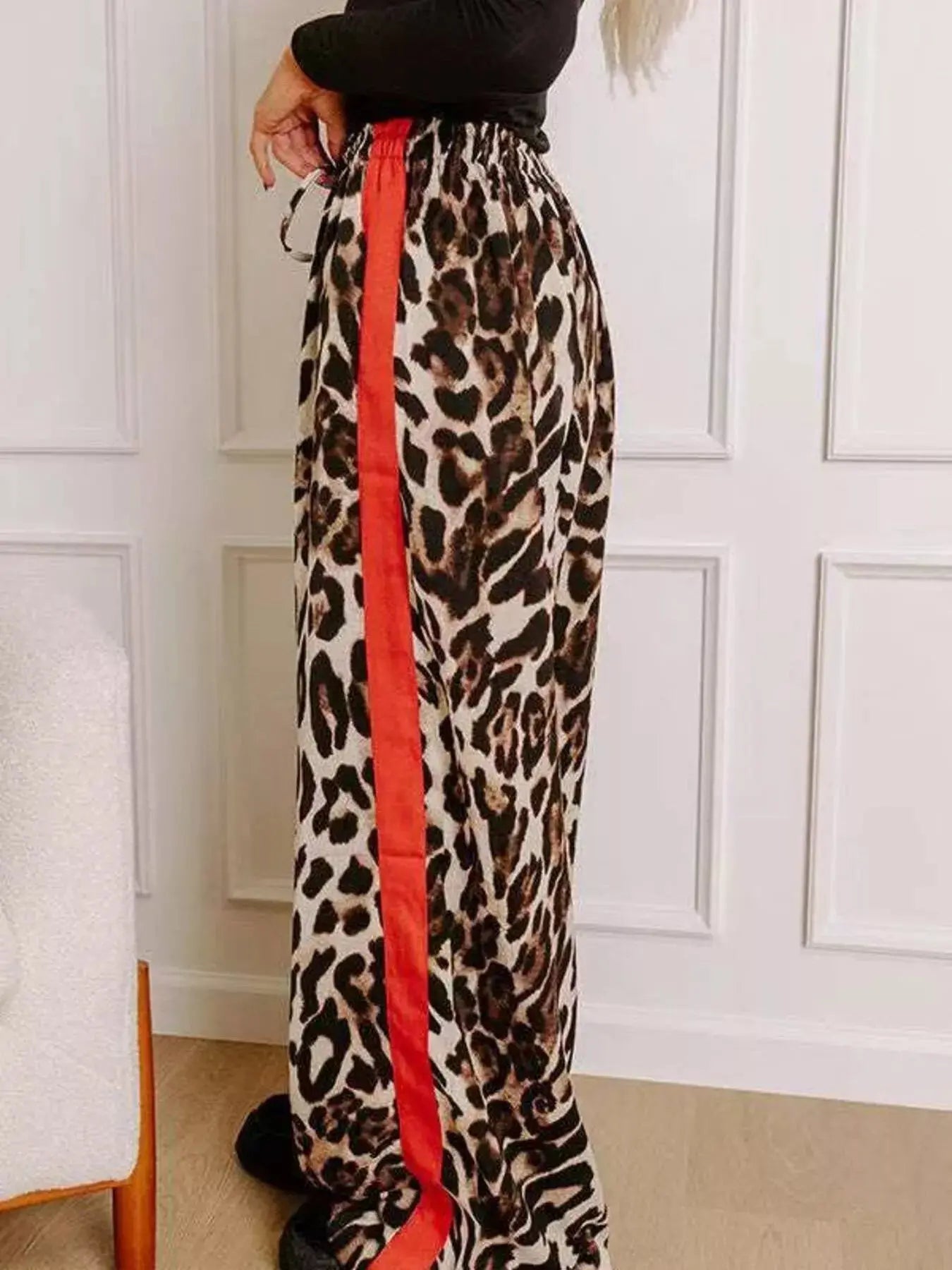Leopard Print Wide Leg Drawstring Pants With Side Stripe Simply Love