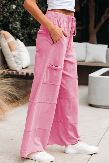 Bonbon Mineral Wash Exposed Seam Drawstring High Waist Cargo Pants