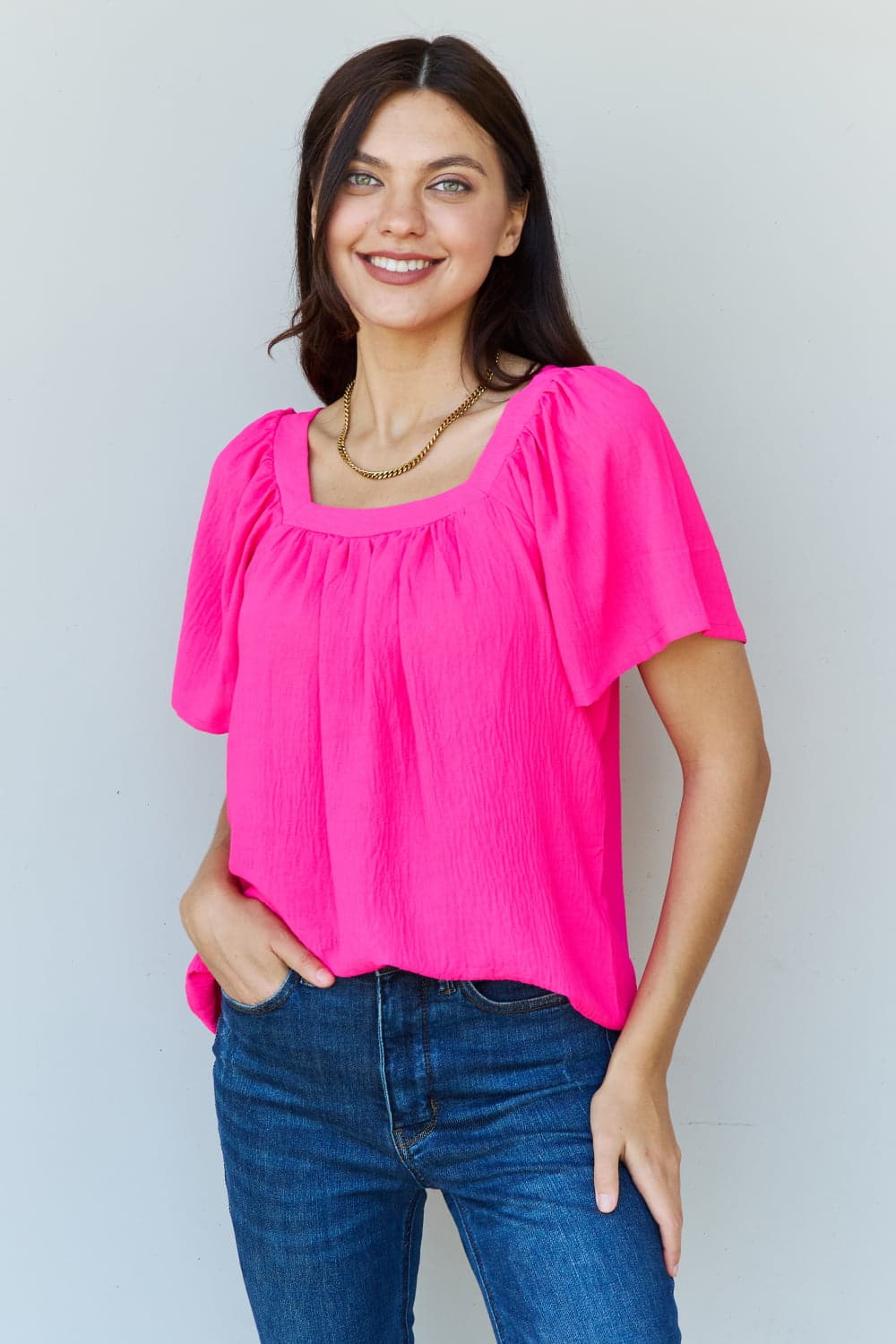 Ninexis fuchsia square neck short sleeve blouse with ruffle details