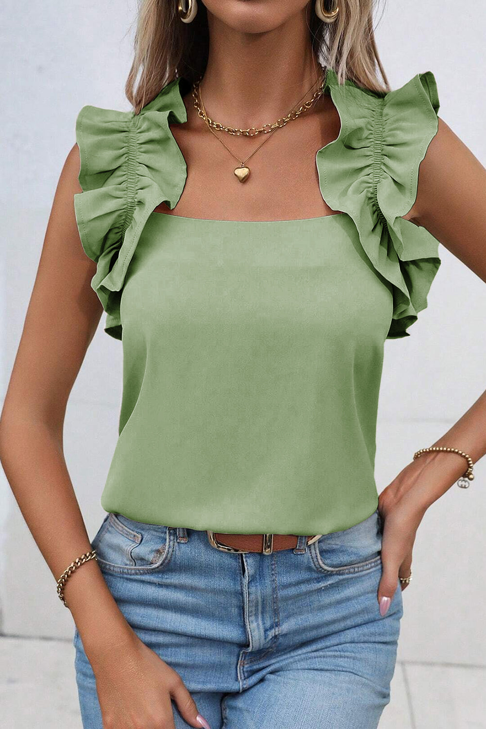 Chic smoke green ruffle trim sleeveless tank top