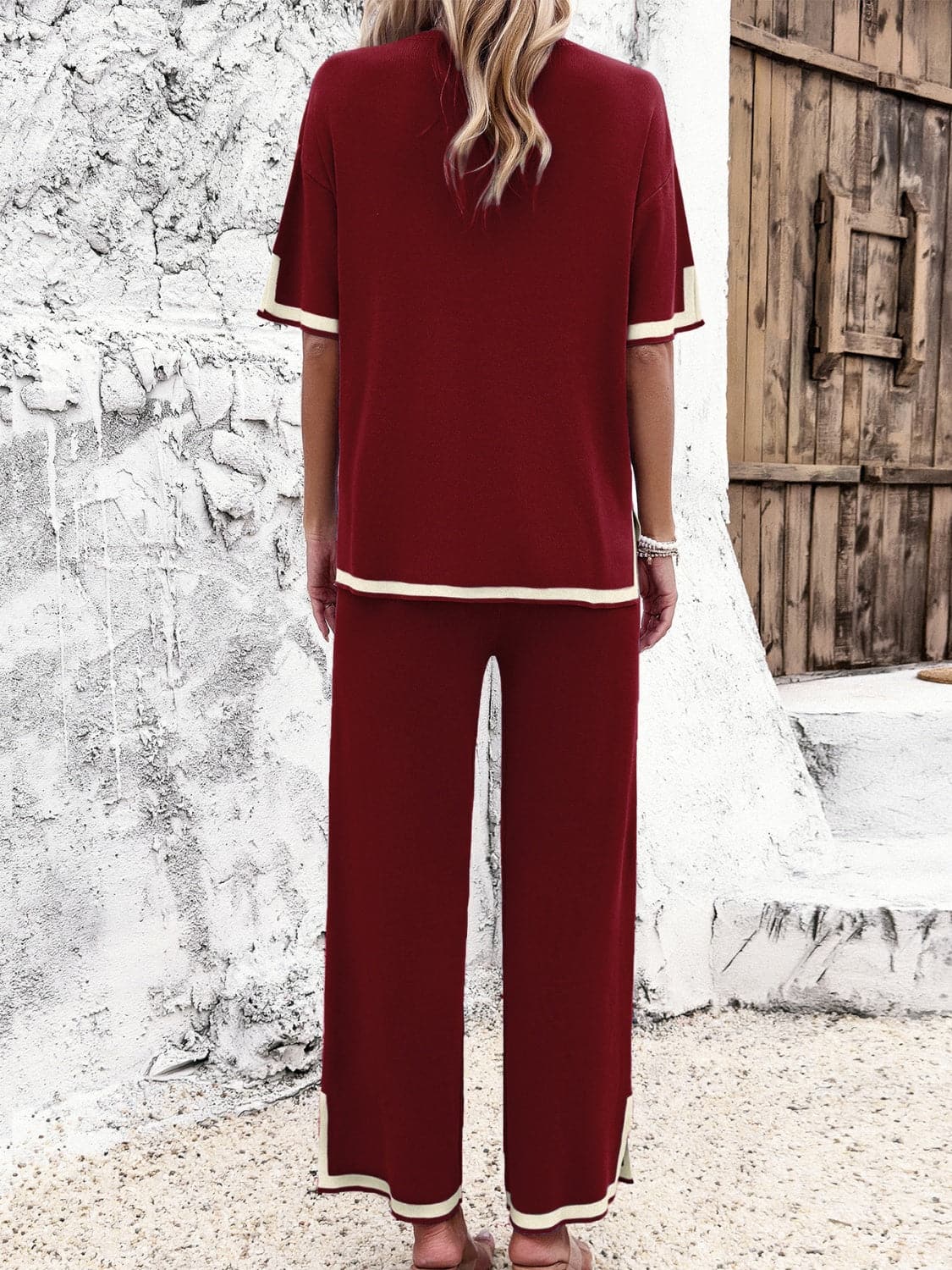 Contrast Trim Round Neck Top and Pants Set.