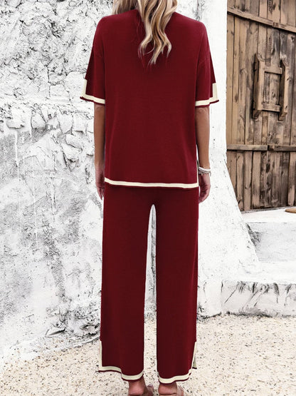 Contrast Trim Round Neck Top and Pants Set.