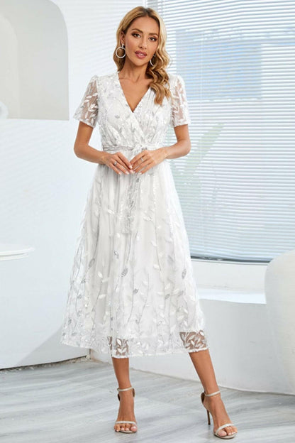 Sequin Leaf Embroidery Tie Front Short Sleeve Dress.