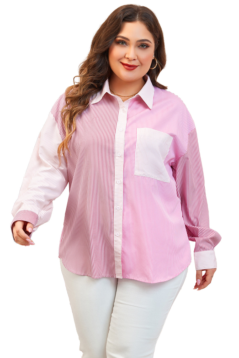 Chic pink striped colorblock plus size shirt