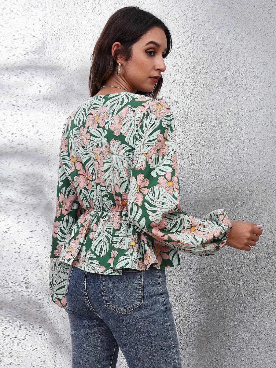 Floral V-Neck Balloon Sleeve Peplum Blouse.