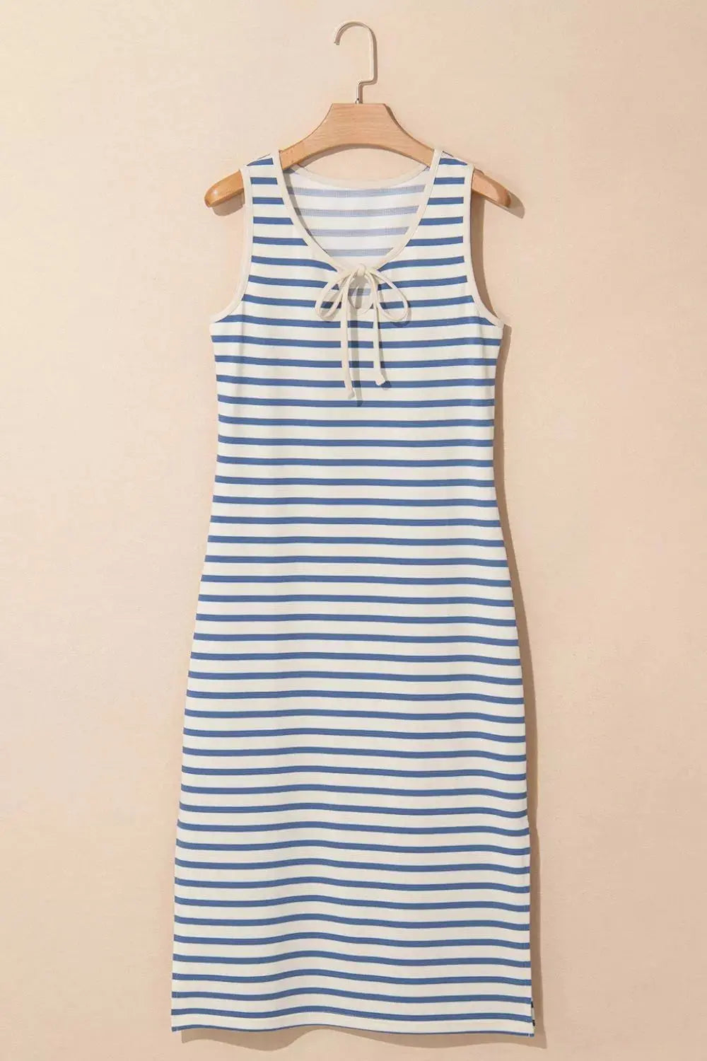 Stripe Tie V Neck Sleeveless Side Slit Midi Dress Simply Love