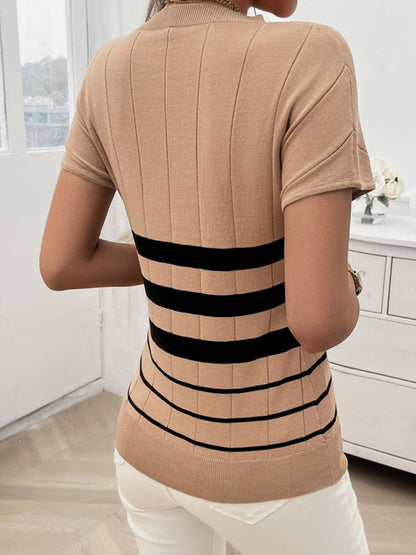 Striped Round Neck Short Sleeve Knit Top.