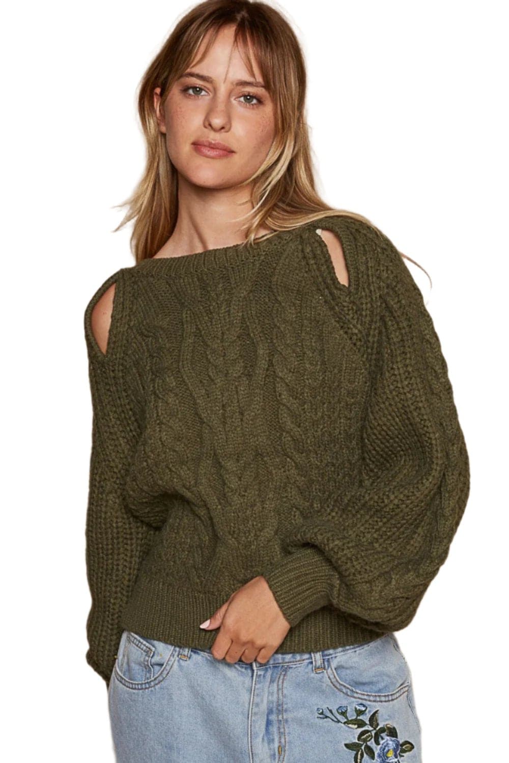 POL Cable Knit Cutout Long Sleeve Sweater.