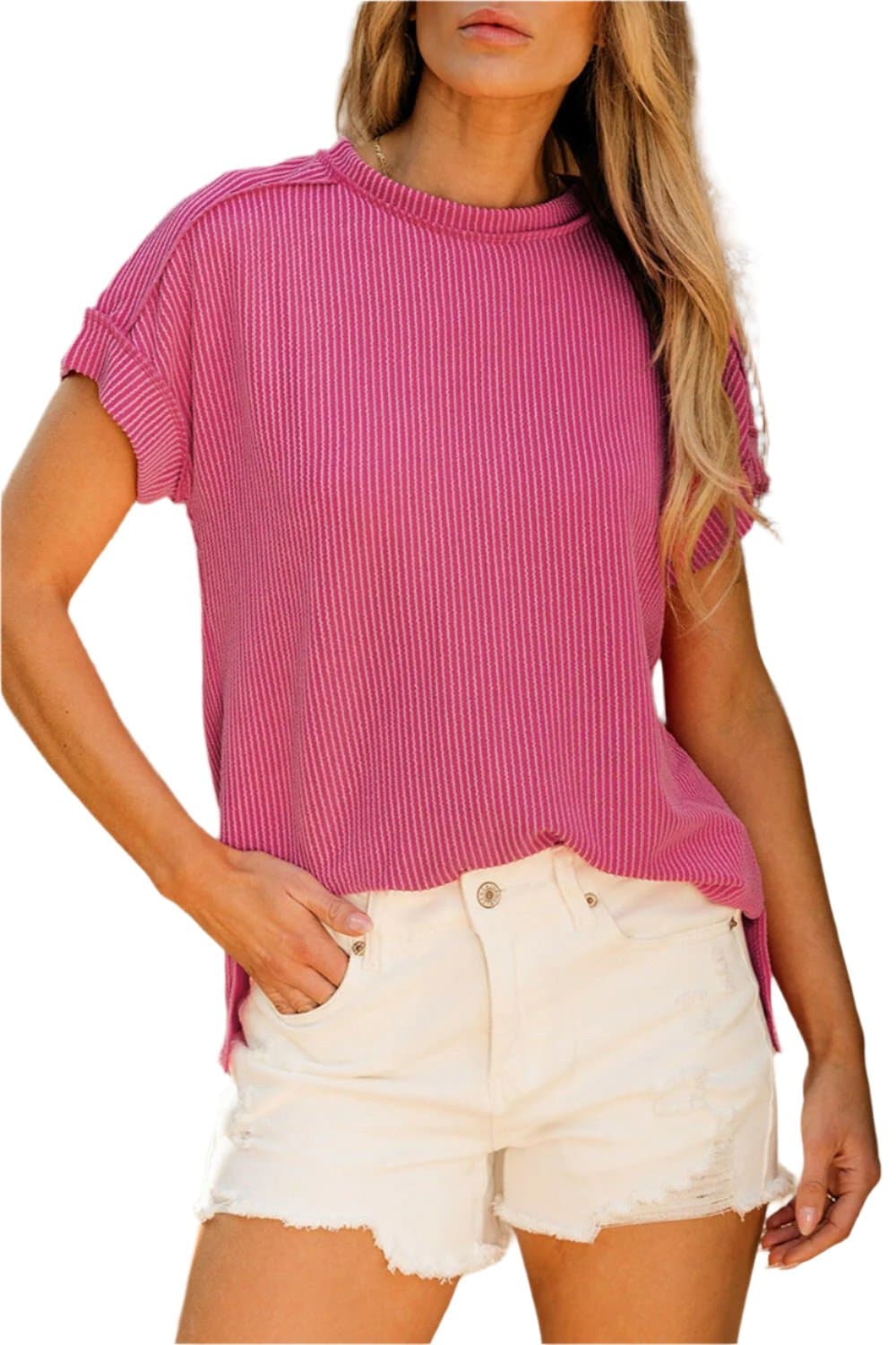 Exposed Seam Round Neck Short Sleeve T-Shirt.