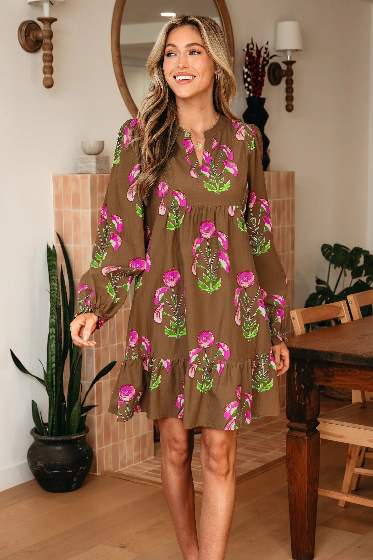 Brown Contrast Floral Print Babydoll Tunic Dress With Ruffled Hem Puff Sleeve Dear-Lover Dropshipping