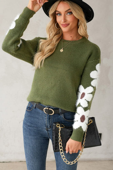 Flower Round Neck Long Sleeve Sweater.