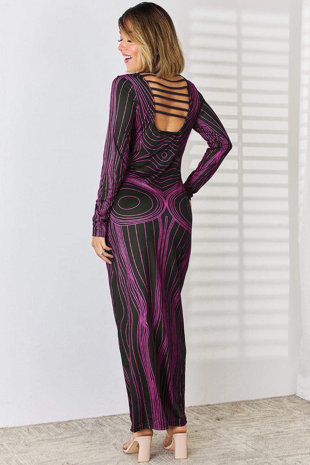 Cutout Round Neck Long Sleeve Maxi Dress.