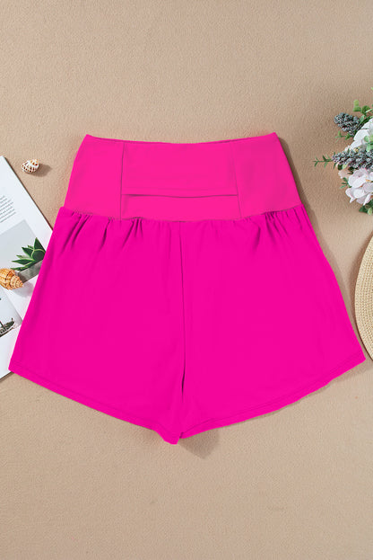 Rose Red High-Waisted Swim Shorts with Pockets