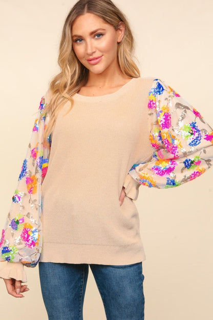 Floral sequin mesh sweater