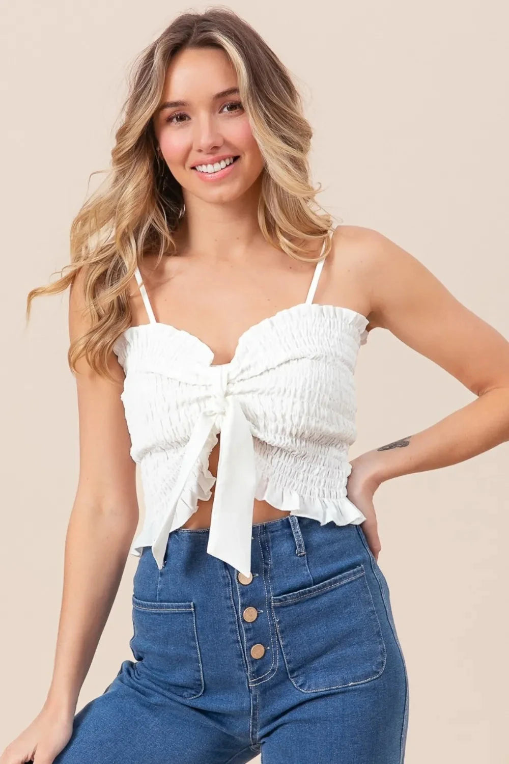 BiBi Ruffled Smocked Ribbon Detail Cami Coco’s Tee Boutique