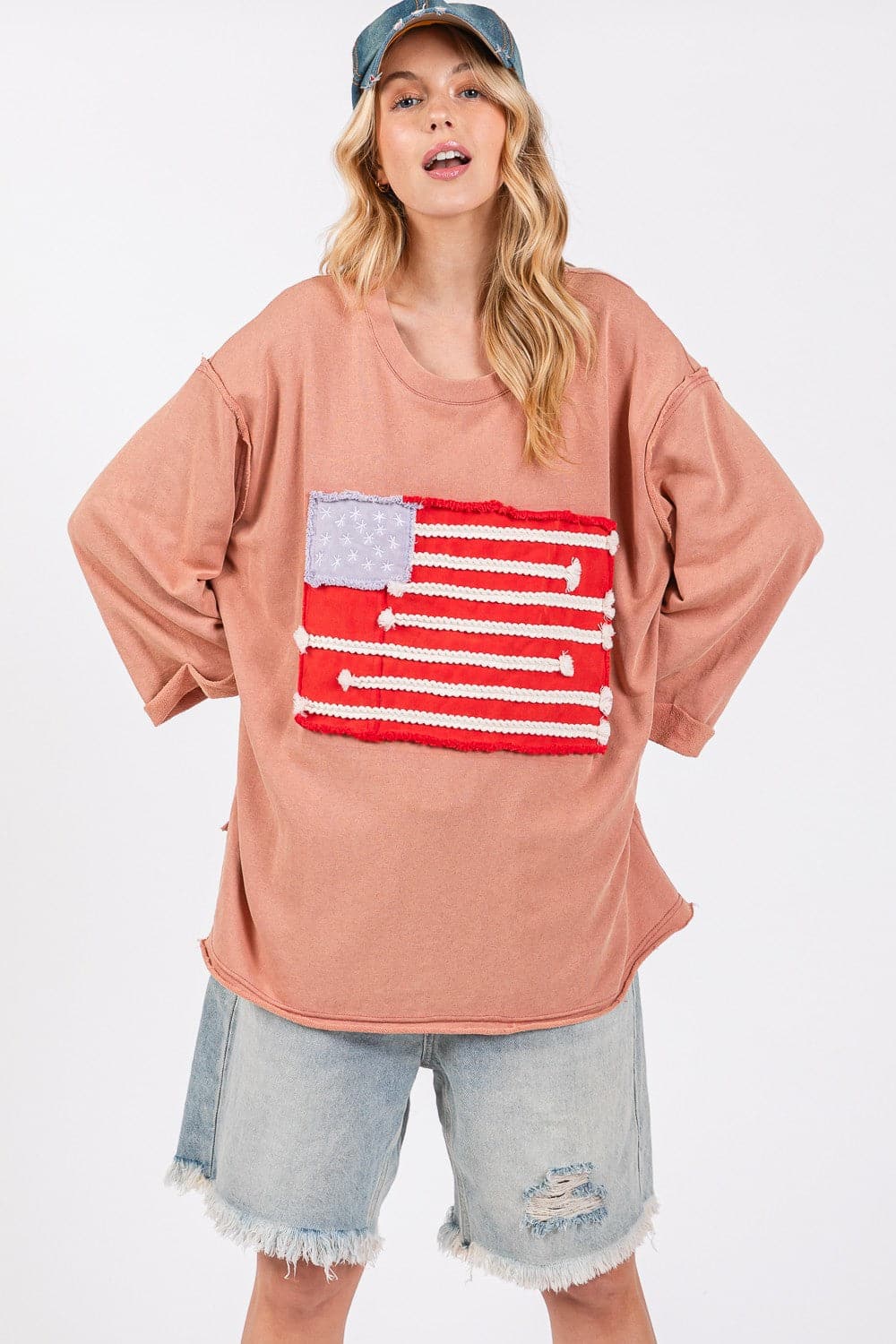 SAGE + FIG Full Size American Flag Patch Drop Shoulder T-Shirt.