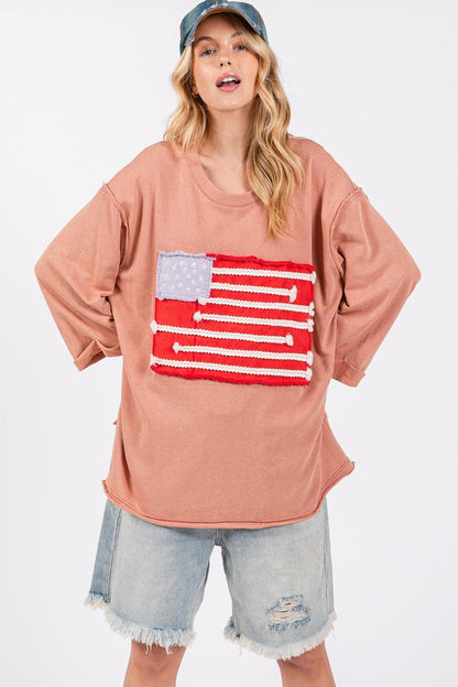 SAGE + FIG Full Size American Flag Patch Drop Shoulder T-Shirt.