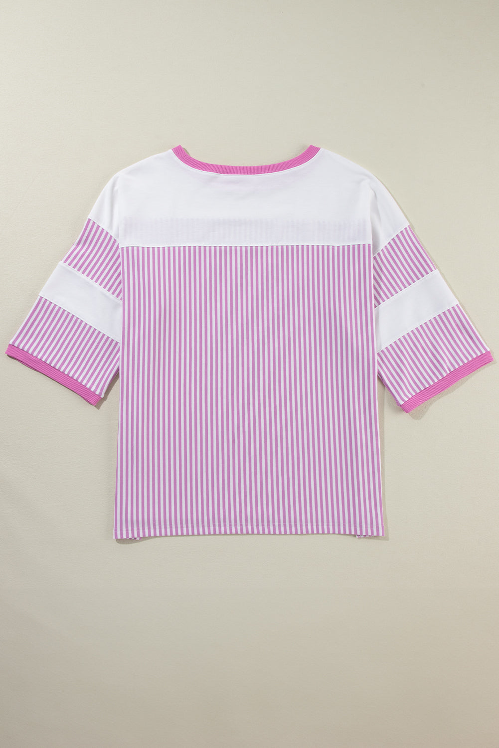 Chic pink stripe patchwork plus size t-shirt with bracelet sleeves