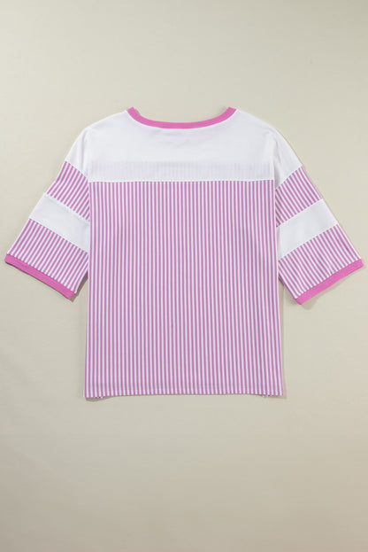 Chic pink stripe patchwork plus size t-shirt with bracelet sleeves