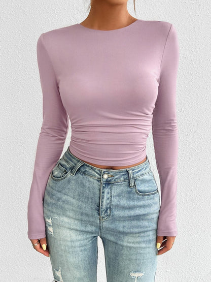 Chic backless long sleeve top with round neck