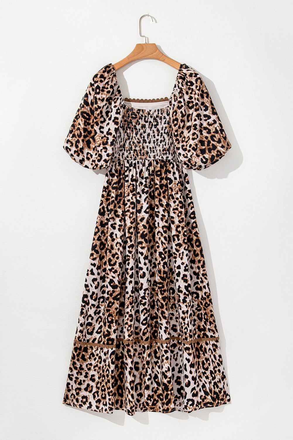 Brown Leopard Print Puff Sleeve Ricrac Maxi Dress Divine Design4U
