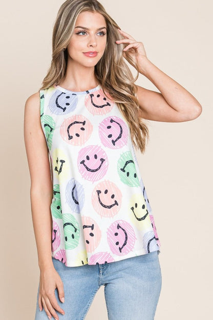 BOMBOM Smiley Face Round Neck Tank.