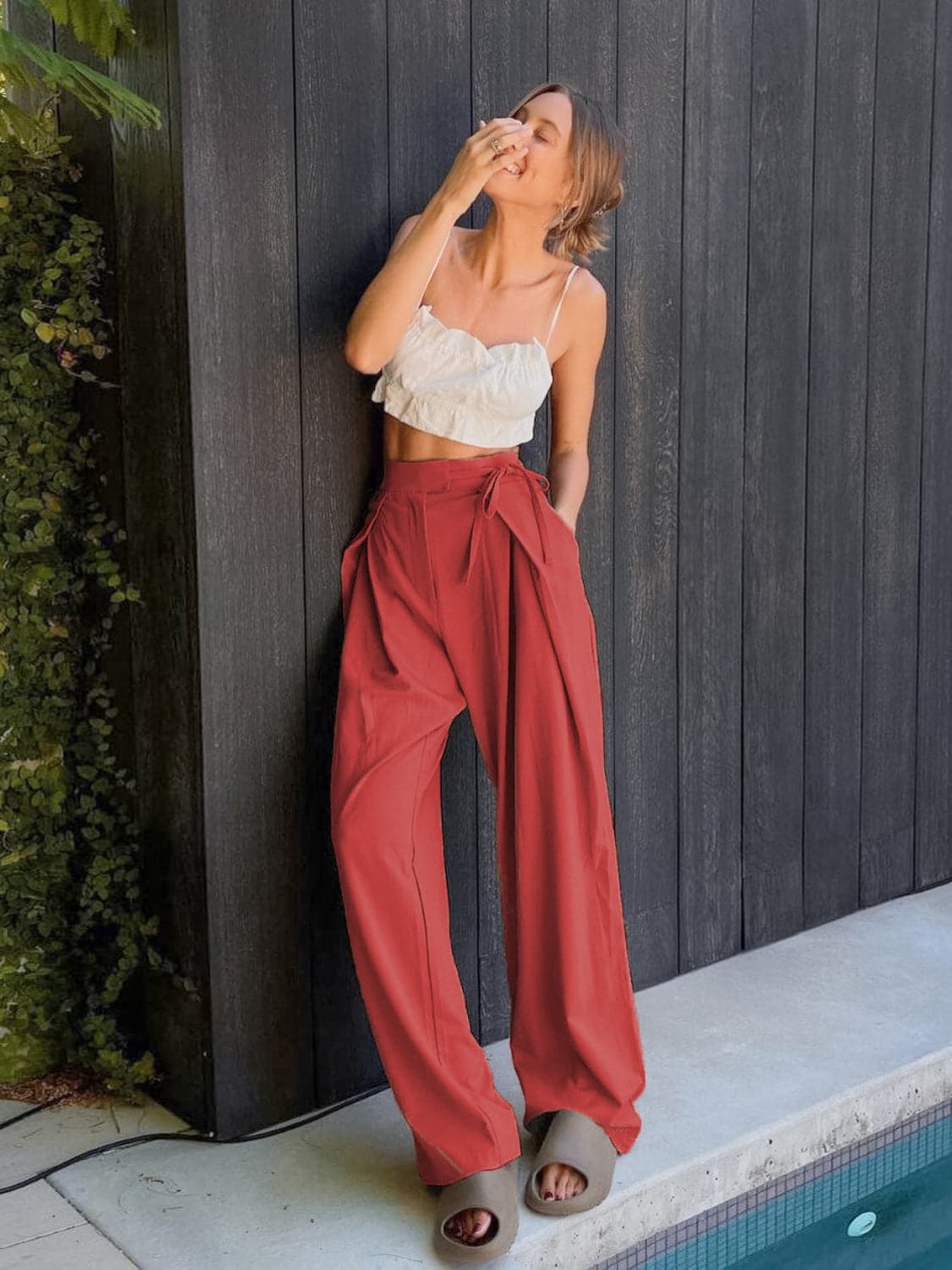 Tied High Waist Wide Leg Pants.