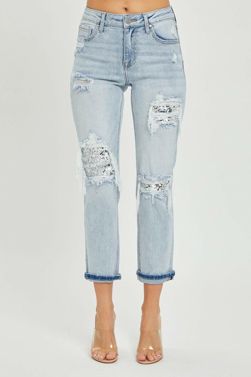 RISEN Mid-Rise Sequin Patched Jeans.