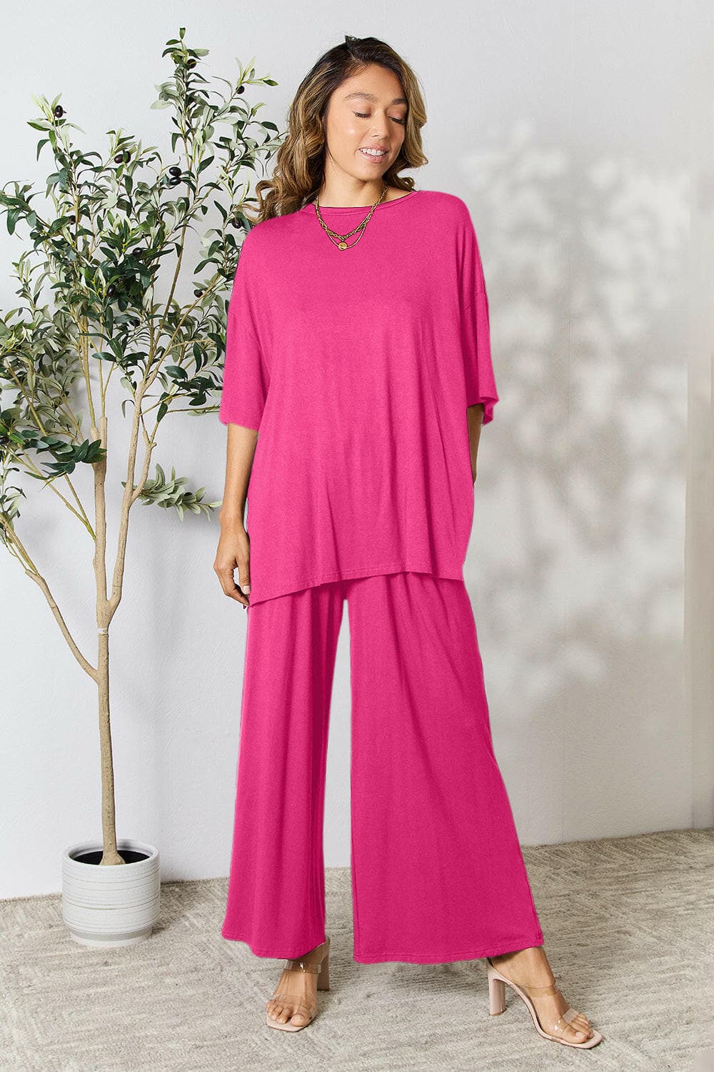 Double Take Full Size Round Neck Slit Top and Pants SetUpgrade Your Style with the Double Take Set
 Step into sophistication with our Double Take Full Size Round Neck Slit Top and Pants Set. This chic and versatile two-pLove Salve Full Size Round Neck Slit Topusa