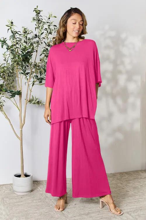 Double Take Full Size Round Neck Slit Top and Pants Set - Love Salve