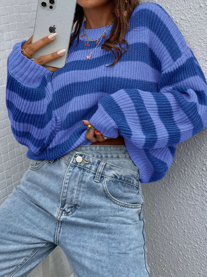 Cozy honey striped long sleeve sweater with round neck